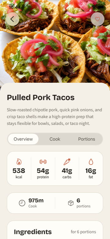 PrepWeek meal detail with recipe portions, ingredients, and cooking guidance.
