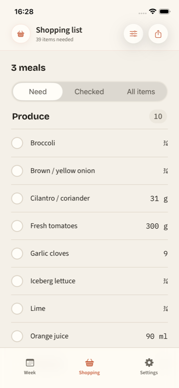 PrepWeek shopping list with ingredients grouped by grocery category.