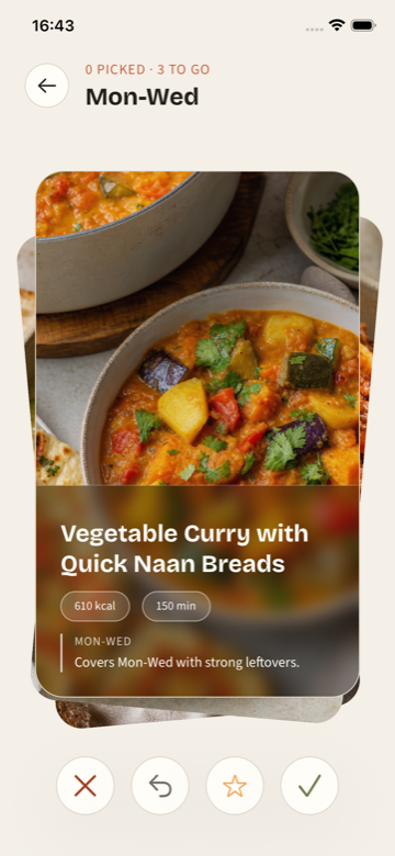 PrepWeek swipe mode showing a recipe card for swapping meals.